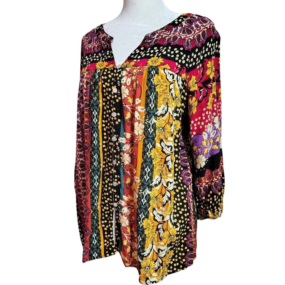 Figueroa & Flower Atrsy‎ Tunic Top Women's Petite Large Patchwork Floral Boho